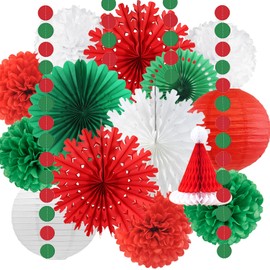 Red Green White Christmas Party Decorations Christmas Snowflake Paper Fans Paper Lanterns Tissue Pom Poms Honeycomb Balls Hanging Christmas Decorations for New Year Winter Christmas Xmas Party