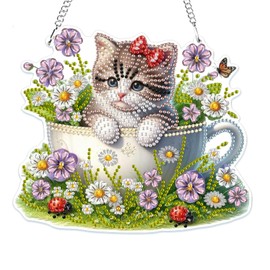 MOGTAA Cat Hanging Diamond Art Painting Kits for Adults Beginners, 5D Special Shape Diamond Art Pendent Kits, Flowers Crystal Rhinestones Diamond Painting Gem Art for Home Decor