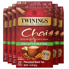 Twinings Decaffeinated Chai Individually Wrapped Bags, 20 Count (Pack of 6), Sweet, Savoury Spices, Enjoy Hot or Iced, 120 Teabags