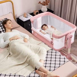 BABY JOY Bassinet, 3 in 1 Rocking Bedside Bassinet w/Storage Basket, Universal Wheels, Adjustable Height, Mattress, Net & Portable Bag, Carriable Crib Baby Bassinets Bedside Sleeper (Pink)
