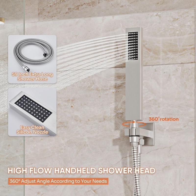 Kurpot Shower System, 10'' High Pressure Brushed Nickel Shower Head