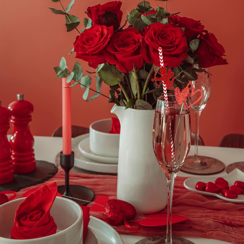 Valentine's Day Paper Straws Red White Striped Drinking Straws