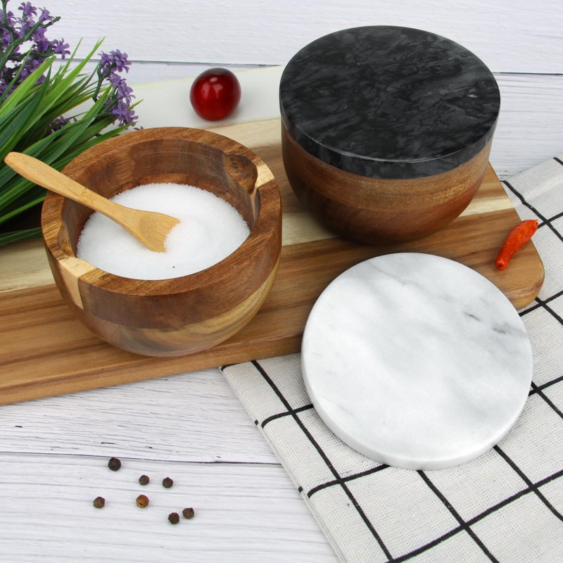 Salt Cellar Box with Lid & Spoon, Marble Lid Set