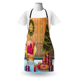 Ambesonne Christmas Apron, Happy Noel Themed Cartoon of Room with Seat Flourish Tree and Gift Boxes, Unisex Kitchen Bib Apron with Adjustable Neck for Cooking Baking Gardening, Multicolor
