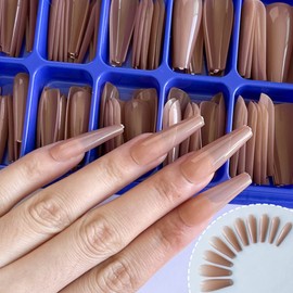 AddFavor 100pcs Long Coffin Press on Nails Full Cover Long Ballerina Acrylic Fake Nails Solid Color Glossy False Nail Tips, Coffee