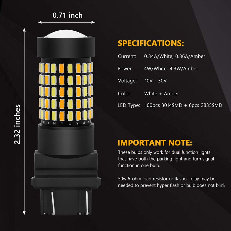 PHINLION Super Bright White Amber Dual Color Switchback 3157 3155