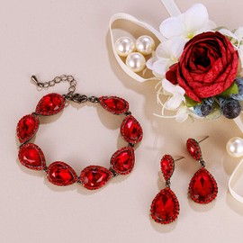 Ever Faith Bridal Jewellery Set Rhinestone Crystal Teardrop Dangle Earrings Link Bracelet Set Red