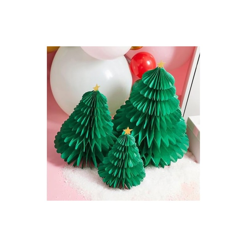 3 Green Christmas Tree Honeycomb Decorations, Pop Up Paper Christmas