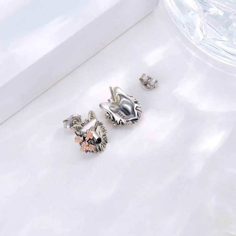 Wolf Earrings 925 Sterling Silver Wolf Stud Earrings Animal Wolf