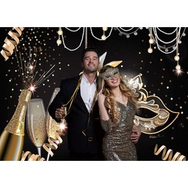 CHAIYA 7x5ft Mardi Gras Party Backdrop Carnival Masquerade Photography Backdrop Mardi Gold Black Mask Carnival Festival Dress-up Birthday Party Decorations