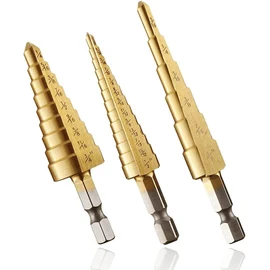 Bestgle 3 Pcs Step Drill Bits 1/4" Hex Shank SAE Quick Change HSS Titanium Coated Imperial Spiral Grooved Step Cone Shaped Drill Bit Set DIY Tools for Wood, Plastic, Steel, Aluminum, PV