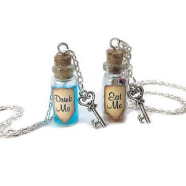 Drink Me Eat Me Alice Adventures in Wonderland Necklace Set Real Liquid & Sweet Faux Candy Treats - Shimmer Blue Shrinking Potion Mini Charm Jewelry