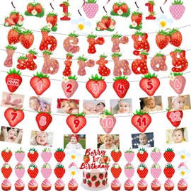 Strawberry Berry1st Birthday Photo Banner,Cupcake toppers,Hanging Swirls for Newborn to 12 Months Milestone Photograph Bunting Garland for Baby Shower Berry Party Decorations Supplies