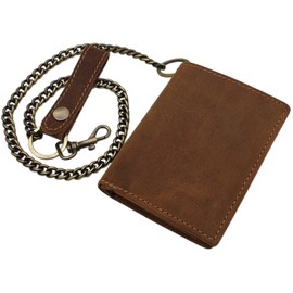 myledershop Real Buffalo Full Leather Vertical Biker Wallet / Purse / Wallet / Purse / Wallet with Metal Chain with Skull Motif or without Motif with RFID & NFC Protection, Without motif, brown,