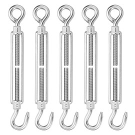 sourcing map M8 M8 Hook and Eye Turnbuckles for Cable Wire Rope Tension, 304 Stainless Steel Turnbuckle Adjustable for Shade Sail String Light Hanging Pack of 5