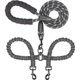 iYoShop Dual Dog Leash - 360° Swivel, No Tangle Walking Leash with Shock Absorbing Bungee for Two Dogs (Medium, 8-35 lbs, Black)
