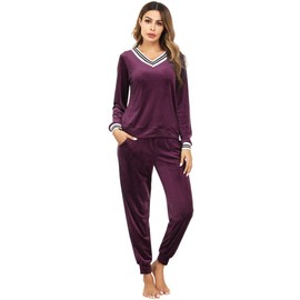 Irevial Track Suits for Women Set, Ladies Striped V Neck Long Sleeve Sweatsuit Sets 2 Piece Pajamas Jogger Pants with Pocket Solid Velvet Loungewear Wine Red L