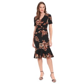 London Times Women's Dresses Women's Floral Print V-Neck Midi Dress - Short Sleeve Ruched Waist Cocktail Party Formal Wear - Wedding Guest Dresses, Black/Rust, 12