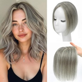 Black and Pretty Human Hair Toppers for Women Real Human Hair Pieces for Women 120% Density Swiss Base Clip In 7 * 10cm Remy Topper 10Inch HairPieces (Mixed Light Grey)