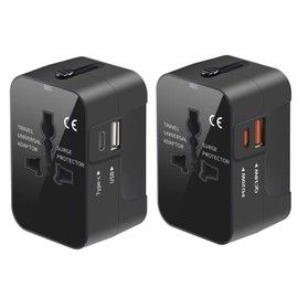Travel Adapter 2 Pack, Worldwide All in One Universal Travel Adaptor AC Power Plug Adapter Wall Charger with USB-C and USB-A Charging Ports for USA EU UK AUS