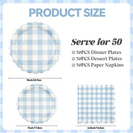 150PCS Blue Gingham Party Supplies, Light Blue Scalloped Paper Plates and Napkins Disposable Blue and White Checkered Party Decor for Baby Shower Birthday Wedding ,Serves 50 Guests