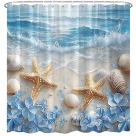 EUBTPA Starfish Shower Curtain Seacoast Sand Seashells Blue Flower Tropics Aquatic Wildlife Ocean Beach Theme Bath Decor Polyester Fabric Curtains 70X70 Inch