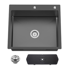 Black Kitchen And Bar Sink, 25x22 Inch Stainless Steel Drop In Kitchen Sink Modern Single Bowl Topmount Bar Sink Combo-Silicon Mat,Drain Strainer Set Compatibility With Various Kitchen & Bar Style