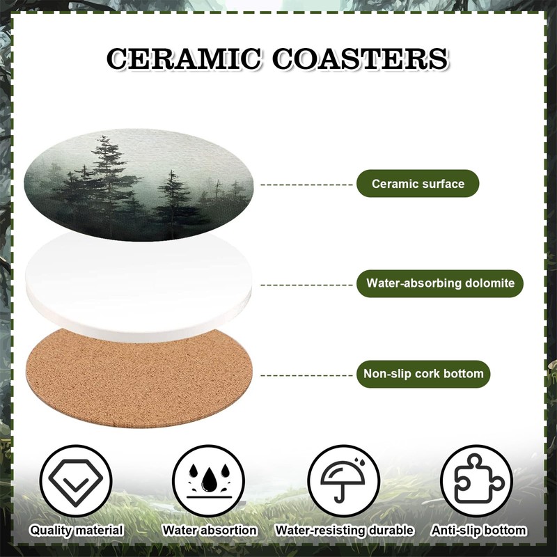 Whaline 6Pcs Forest Coasters with Holder Misty Forest Ceramic Drink