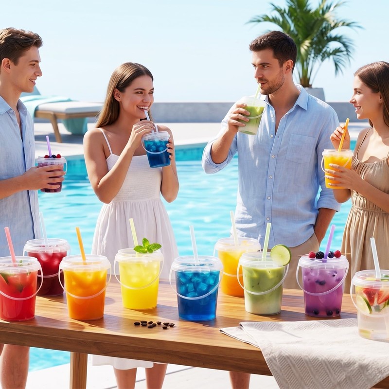 30 Sets Drink Buckets with Lids and Straws Plastic Cups