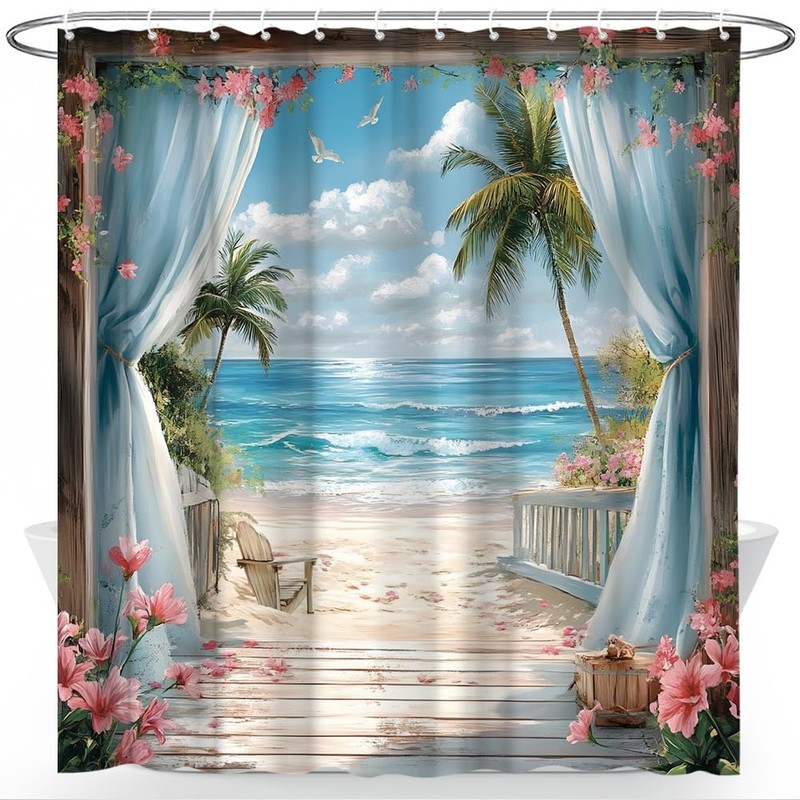 MZYZAF Ocean Beach Shower Curtain Tropical Palm Tree, 70X70Inch