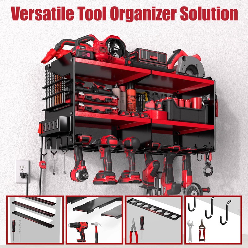 Spampur Power Tool Organizer Wall Mount with 4-Outlet Power Strip,