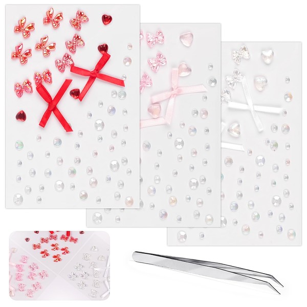 Cute Bow Rhinestone Tattoo Stickers for Makeup, Ribbon Heart Face
