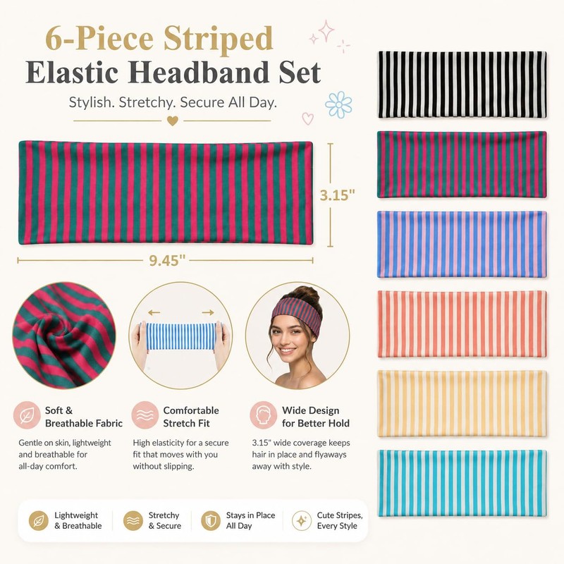 6 Pcs Striped Headbands for Women, Wide Non Slip Cloth