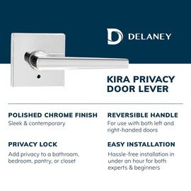 Delaney Hardware Kira Privacy Door Handle, Right-Handed, Fits Doors 1-3/8 to 1-3/4 in. Thick, Polished Chrome Finish – Bed & Bathroom Push Button Door Lever – Easy to Install Door Lock