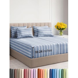 Extra Deep Queen Sheet Set - 6 Piece Breathable and Cooling Sheets - Hotel Luxury Bed Sheets Set - Easy Fit - Soft, Wrinkle Free and Comfy Sheets Set - Blue Striped Sheet Set with Extra Deep Pockets
