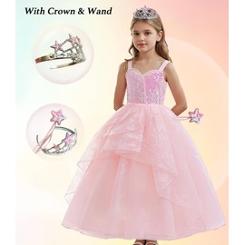 Steatory Kids Pink Witch Costume for Girls Bubble Dress Pink Mesh Sequin Outfits with Accessories