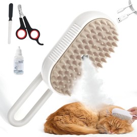 MAWT Cat Steam Brush - 5 In1 Grooming Kit for Cats and Dogs Silicone Massage Tool - Stainless Steel Nail Scissors - Hair Detangling Comb - Water Spray Rechargeable Shedding Wash-Free Essence (White)