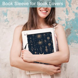 NICENEEDED Stars Moon Book Cover, Book Sleeve with Button, Printed Book Protector for Book Lovers Waterproof Book Pouch with Front Pocket Multifunctional Book Storage Bag