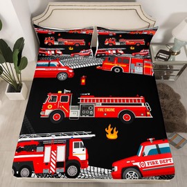 Fire Engine Fitted Sheet Twin Size,Cartoon Fire Truck Bedding Set 2Pcs for Kids Boys Teens Girls Room Decor,Red Firemen Car Vehicle Bed Sheet Fashion Black Grey Deep Pocket Sheet,1 Pillowcase