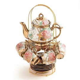 CHANJOON Gold Plated Red Rose Ceramic Tea Set, Vintage Teapot, Beautiful Tea Set Coffee Serving 6 People (Golden, large)