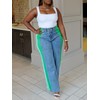 Angsuttc Wide Leg Denim Pants High Waist Patchwork Stripes Loose