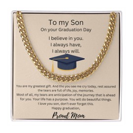 Graduation necklace, Keepsake gift for Him, 2024 Graduation To my Son Proud Mom Cuban Chain Necklace 14k Gold, High School College Grad (14k yellow gold/stadard box, Graduation)