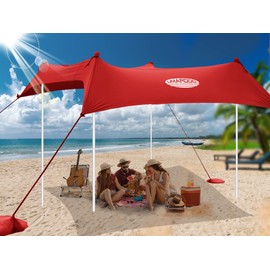 UMARDOO Family Beach Tent Canopy Sun Shade Portable, Large Compact Beach Sun Shelter Easy Setup with Packable Bag for Outdoor Travel (Red, 10X10 FT. 4Poles)