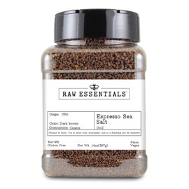 Raw Essentials Espresso Sea Salt – Robust & Salty Coffee Sea Salt – Ideal for Meat Rubs, Marinades, and Finishing Salt – Non-GMO, Gluten-Free, Vegan, Paleo – 14 Ounce Bottle