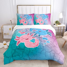 HOSIMA Axolotl Kawaii Bedding Set for Kids Bedroom Decor Pink and Blue Axolotl Cute Duvet Cover Set 3 Pieces 1 Duvet Cover with 2 Pillowcases（No Comforter）