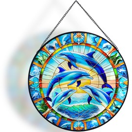 HFhyxin Stained Glass Window Hanging Dolphin Window Suncatcher 8 Inch Glass Panel，Sun Catchers Indoor Wall Art Home Decor Gift for Sea Lovers Women Mother's Day