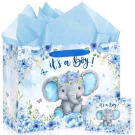 Blue Baby Shower Paper Bag for Boys Large Elephant Gift Bag with Card Tissue Paper Watercolor Elephant Baby Shower Decorations for Baby Boy Birthday Party Gender Reveal Favors Decorations Supplies