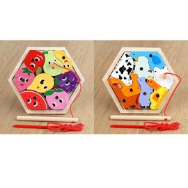 Kulveanju Wooden Fishing Game Toys - 2 Set magnetic fishing game Animals & Fruits, Bead Threading for Toddlers, Educational Learning Wooden Montessori Toys Gifts Present for 2 3 4 Year Old Boy Girl