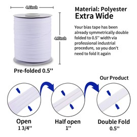 Double Fold Bias Tape, Bias Tape Double Fold 1/2 inch for Quilt Binding 55 Yards Polyester Pre-fold White Bulk Bias Tape for Sewing, Seaming, DIY Craft, Non-Stretch(13mm, 50 Meters)