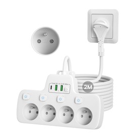 Extra Flat Power Strip 4 French Sockets Earth 16A 2P+T Wall Mounted Power Strip with Individual Switch USB Charger Flat Socket on the